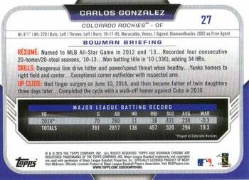 2015 Bowman Chrome #27 Carlos Gonzalez Back