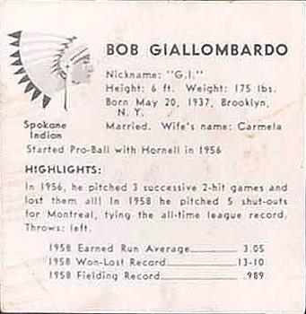 1959 Darigold Farms Spokane Indians #NNO Bob Giallombardo Back