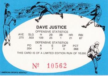 1992 American Sports Monthly (unlicensed) #NNO Dave Justice Back
