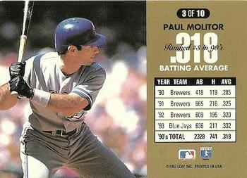 1994 Donruss - 90's Dominators: Batting Average #3 Paul Molitor  Back