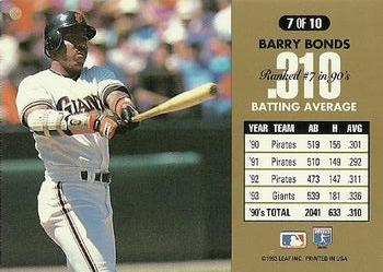 1994 Donruss - 90's Dominators: Batting Average #7 Barry Bonds   Back