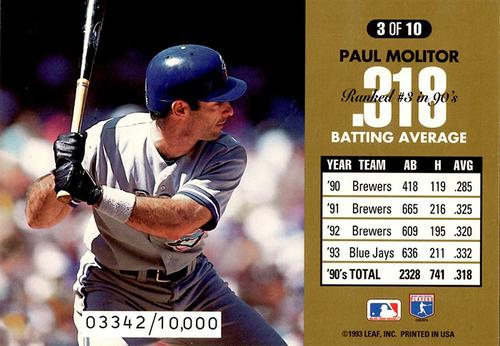 1994 Donruss - 90's Dominators: Batting Average Jumbo #3 Paul Molitor Back