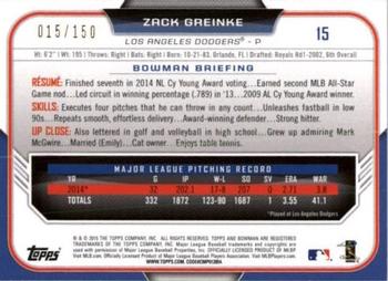 2015 Bowman - Blue #15 Zack Greinke Back