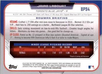 2015 Bowman - Prospects #BP94 Jairo Labourt Back