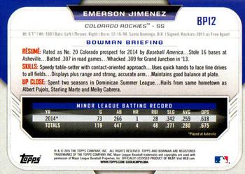 2015 Bowman - Prospects #BP12 Emerson Jimenez Back