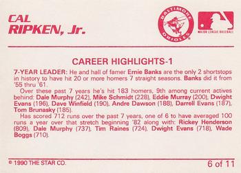 1990 Star Cal Ripken Jr. #6 Cal Ripken, Jr. Back