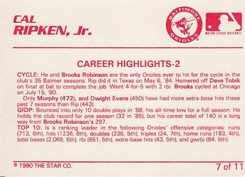 1990 Star Cal Ripken Jr. #7 Cal Ripken, Jr. Back