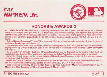 1990 Star Cal Ripken Jr. #9 Cal Ripken, Jr. Back