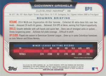2015 Bowman - Prospects Yellow #BP11 Giovanny Urshela Back