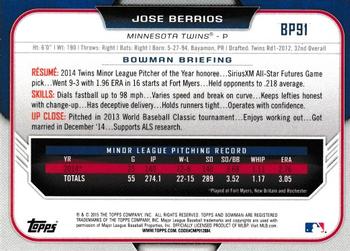 2015 Bowman - Prospects Yellow #BP91 Jose Berrios Back