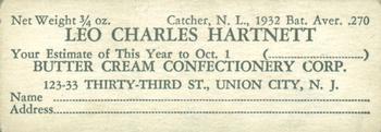1933 Butter Cream (R306) #NNO Gabby Hartnett Back