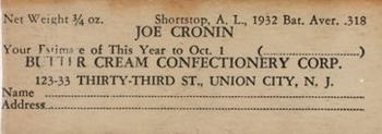 1933 Butter Cream (R306) #NNO Joe Cronin Back