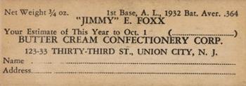 1933 Butter Cream (R306) #NNO Jimmie Foxx Back