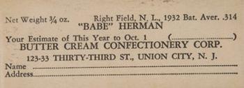 1933 Butter Cream (R306) #NNO Babe Herman Back