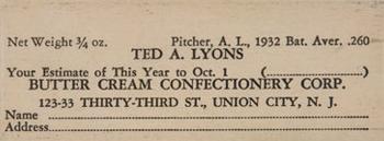 1933 Butter Cream (R306) #NNO Ted Lyons Back