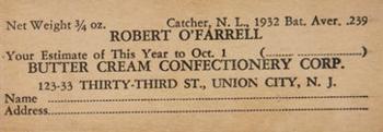 1933 Butter Cream (R306) #NNO Bob O'Farrell Back