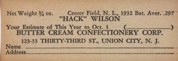 1933 Butter Cream (R306) #NNO Hack Wilson Back
