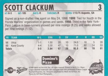 2000 Multi-Ad Brevard County Manatees #3 Scott Clackum Back