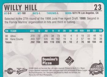 2000 Multi-Ad Brevard County Manatees #23 Willy Hill Back