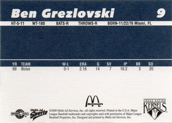 2000 Multi-Ad Cedar Rapids Kernels #9 Ben Grezlovski Back