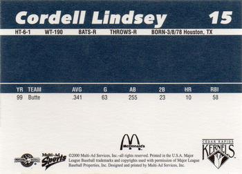 2000 Multi-Ad Cedar Rapids Kernels #15 Cordell Lindsey Back