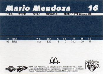 2000 Multi-Ad Cedar Rapids Kernels #16 Mario Mendoza Back