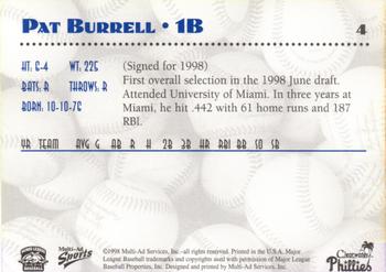 2000 Multi-Ad Clearwater Phillies #4 Pat Burrell Back