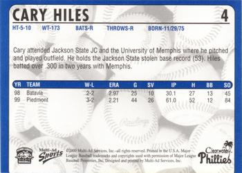 2000 Multi-Ad Clearwater Phillies #NNO Cary Hiles Back
