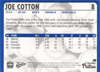 2000 Multi-Ad Clearwater Phillies #NNO Joe Cotton Back