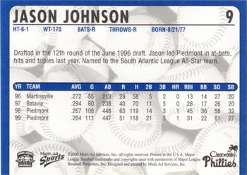 2000 Multi-Ad Clearwater Phillies #NNO Jason Johnson Back