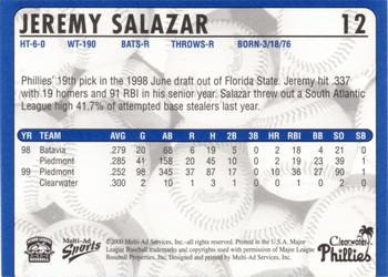 2000 Multi-Ad Clearwater Phillies #NNO Jeremy Salazar Back