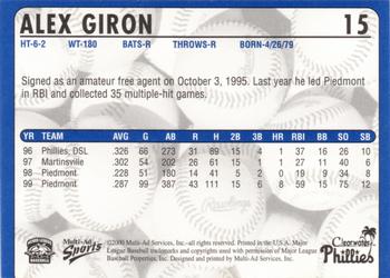 2000 Multi-Ad Clearwater Phillies #NNO Alex Giron Back