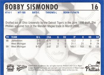 2000 Multi-Ad Clearwater Phillies #NNO Bobby Sismondo Back