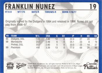 2000 Multi-Ad Clearwater Phillies #NNO Franklin Nunez Back