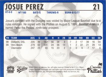2000 Multi-Ad Clearwater Phillies #NNO Josue Perez Back