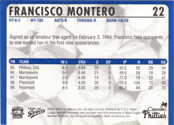 2000 Multi-Ad Clearwater Phillies #NNO Francisco Montero Back
