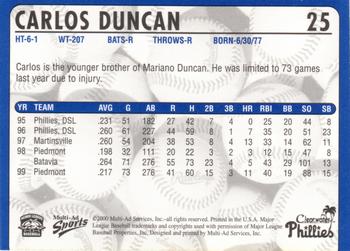 2000 Multi-Ad Clearwater Phillies #NNO Carlos Duncan Back