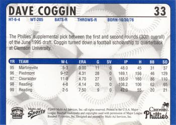 2000 Multi-Ad Clearwater Phillies #NNO Dave Coggin Back