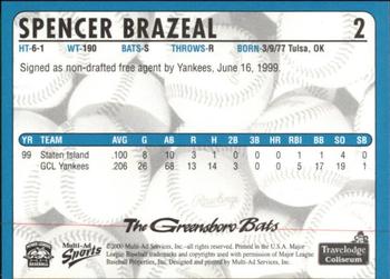 2000 Multi-Ad Greensboro Bats #2 Spencer Brazeal Back