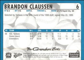 2000 Multi-Ad Greensboro Bats #6 Brandon Claussen Back