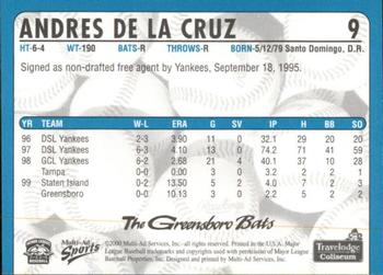 2000 Multi-Ad Greensboro Bats #9 Andres De La Cruz Back