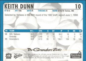 2000 Multi-Ad Greensboro Bats #10 Keith Dunn Back