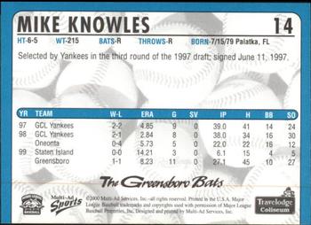 2000 Multi-Ad Greensboro Bats #14 Mike Knowles Back