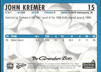2000 Multi-Ad Greensboro Bats #15 John Kremer Back