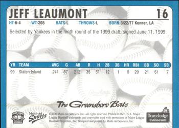 2000 Multi-Ad Greensboro Bats #16 Jeff Leaumont Back