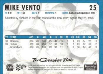 2000 Multi-Ad Greensboro Bats #25 Mike Vento Back