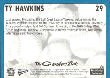 2000 Multi-Ad Greensboro Bats #29 Ty Hawkins Back