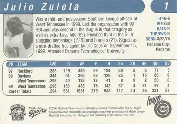2000 Multi-Ad Iowa Cubs #1 Julio Zuleta Back