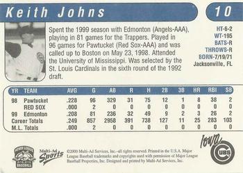 2000 Multi-Ad Iowa Cubs #10 Keith Johns Back