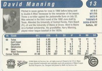 2000 Multi-Ad Iowa Cubs #13 David Manning Back